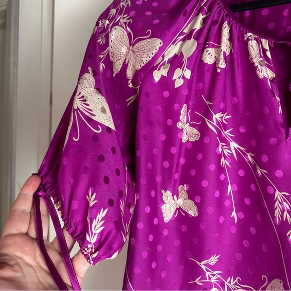 Yumi Kim Pink 100% Silk Butterfly Floral Polka Dot Prints Tie Cuff/Neck Blouse S - Picture 10 of 14